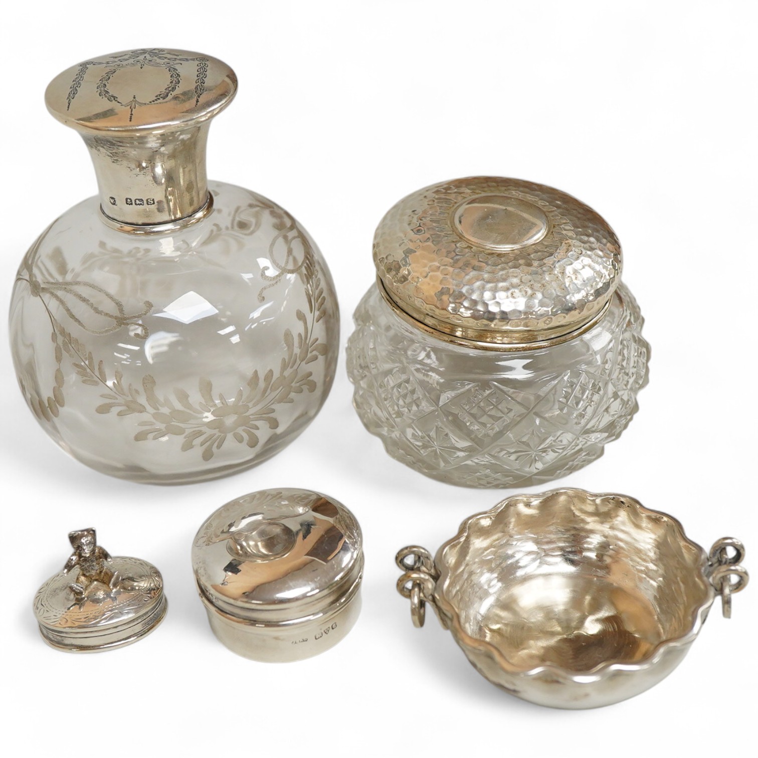 A George V silver topped engraved glass spherical scent bottle and other silver first height 11cm., weight approx. 3.46ozt